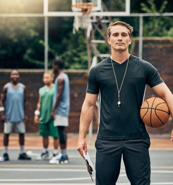 Coach, man and basketball portrait on court training for match, game or competition. Exercise, spor