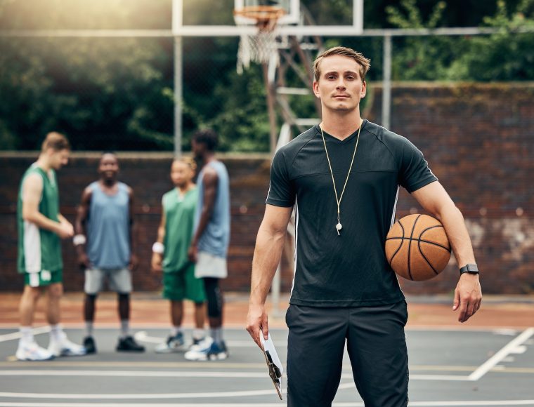 Coach, man and basketball portrait on court training for match, game or competition. Exercise, spor